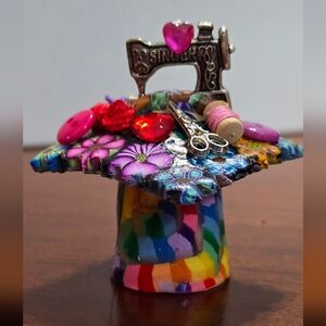 Marianela original Folk Art Thimble 2013 Sewing Machine Thread Scissors Buttons